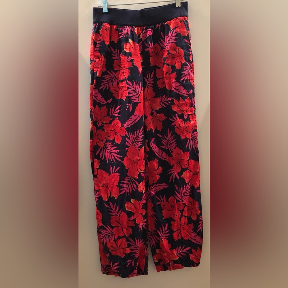 Lands' End 100% Linen Red and NavyTropical Pants With Elastic Waist